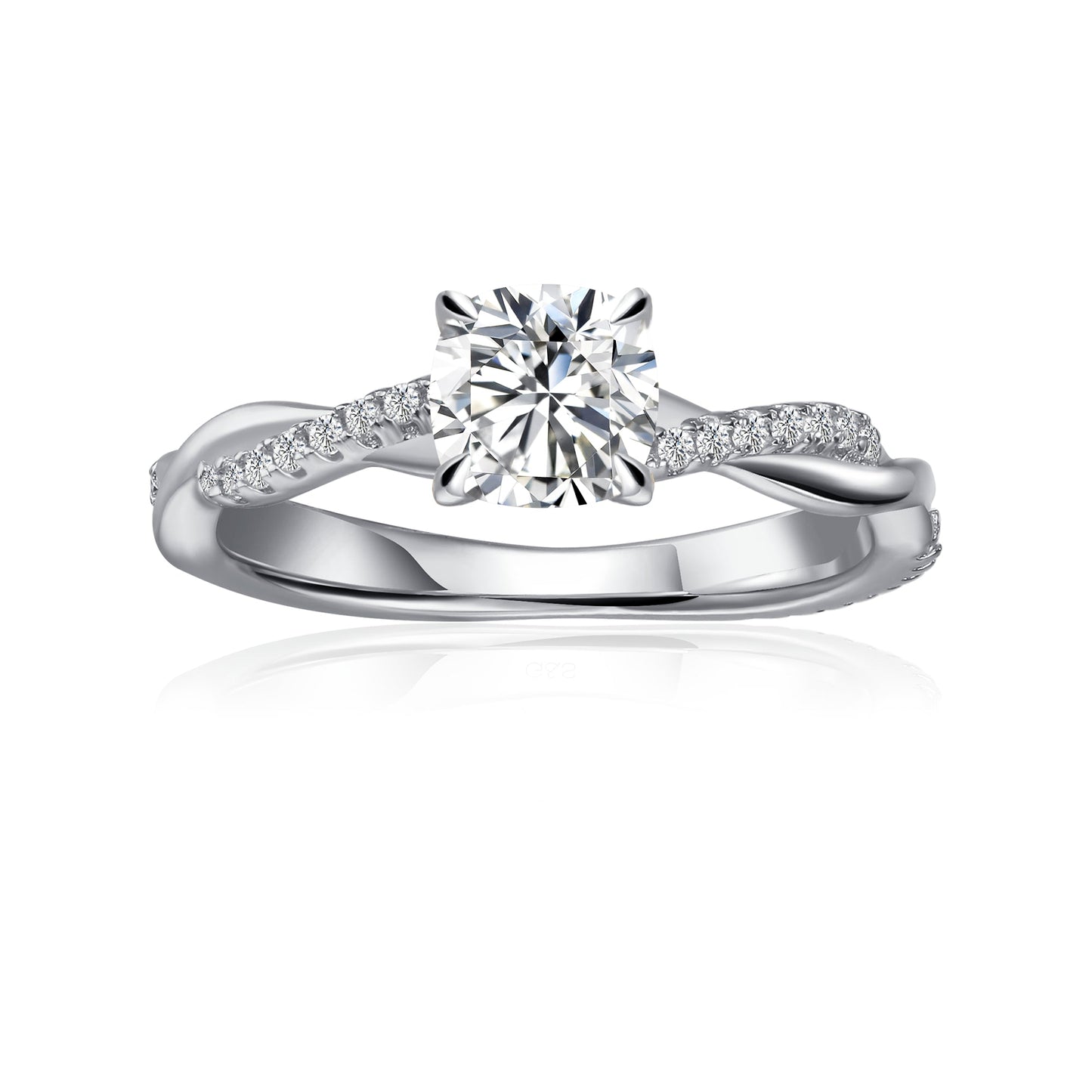Spiral Cushion Cut Moissanite Engagement Ring Set in 9ct White Gold