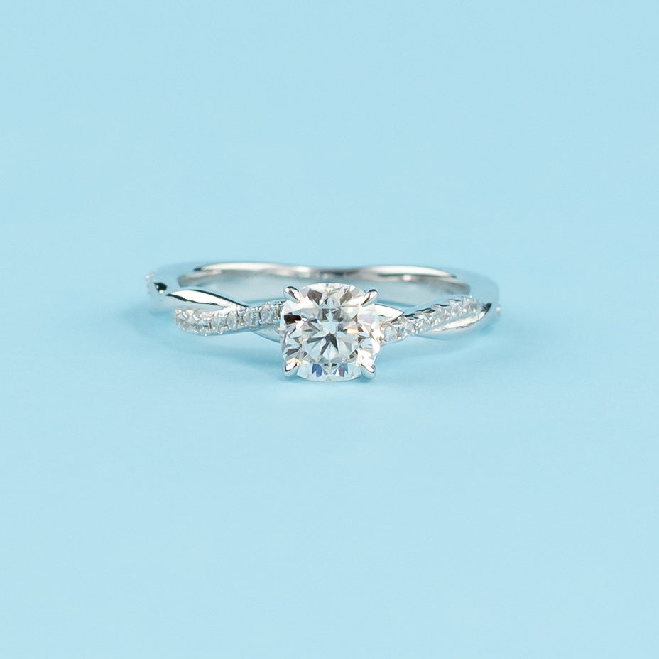 Spiral Cushion Cut Moissanite Engagement Ring Set in 9ct White Gold