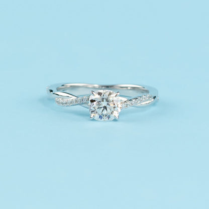 Spiral Cushion Cut Moissanite Engagement Ring Set in 9ct White Gold