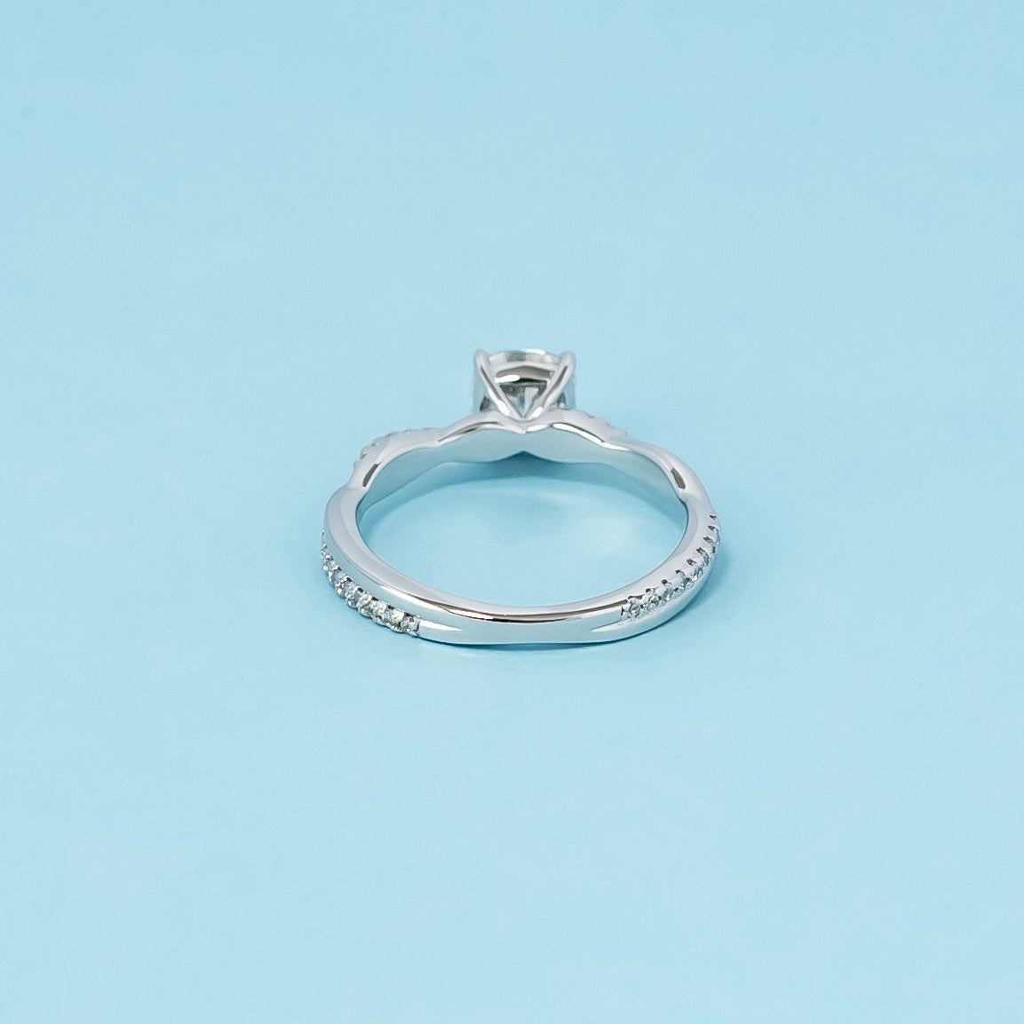 Spiral Cushion Cut Moissanite Engagement Ring Set in 9ct White Gold