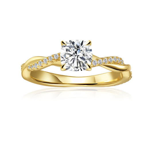 Spiral Cushion Cut Moissanite Engagement Ring Set in 9ct Yellow Gold