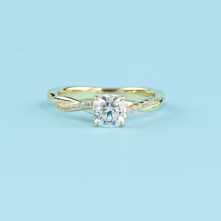 Spiral Cushion Cut Moissanite Engagement Ring Set in 9ct Yellow Gold