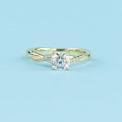 Spiral Cushion Cut Moissanite Engagement Ring Set in 9ct Yellow Gold