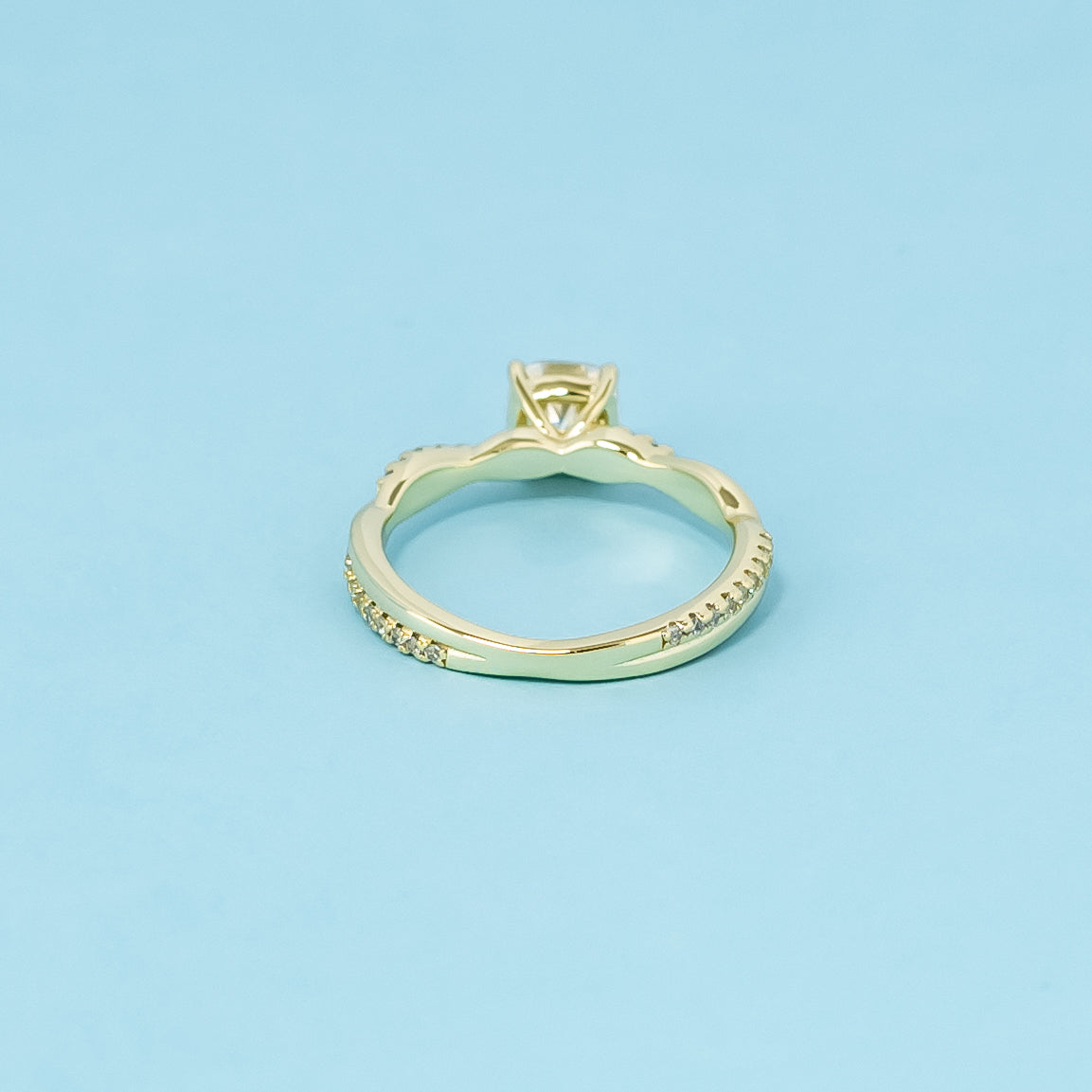 Spiral Cushion Cut Moissanite Engagement Ring Set in 9ct Yellow Gold