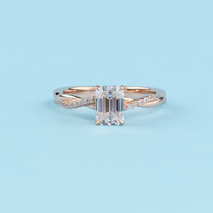 Spiral Emerald Cut Moissanite Engagement Ring Set in 9ct Rose Gold