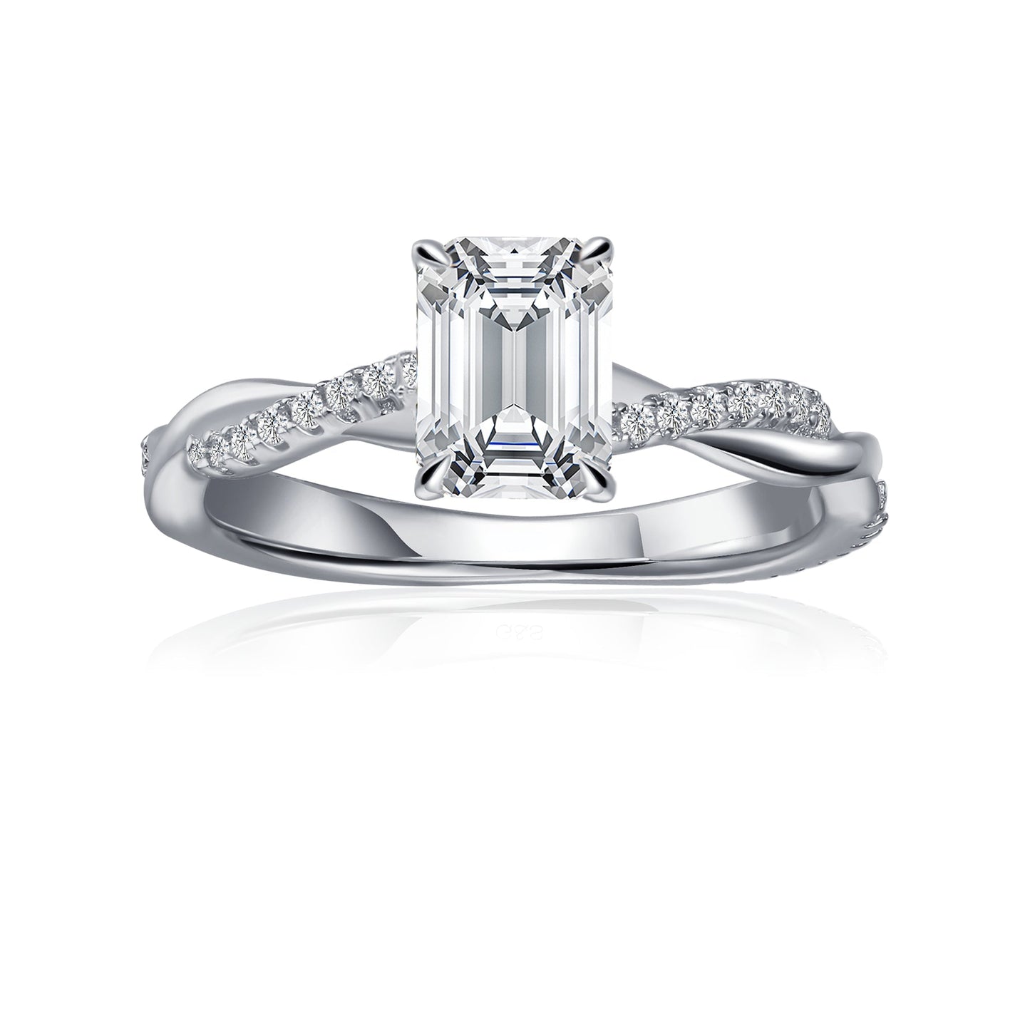 Spiral Emerald Cut Moissanite Engagement Ring Set in 9ct White Gold