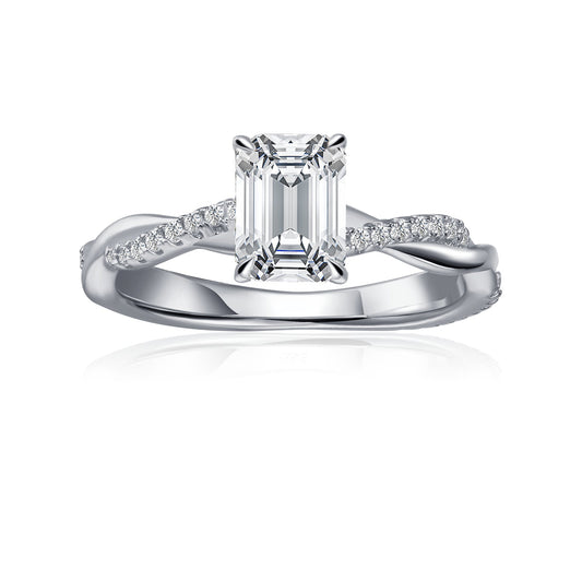 Spiral Emerald Cut Moissanite Engagement Ring Set in 9ct White Gold