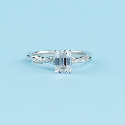 Spiral Emerald Cut Moissanite Engagement Ring Set in 9ct White Gold