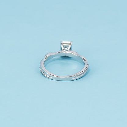 Spiral Emerald Cut Moissanite Engagement Ring Set in 9ct White Gold
