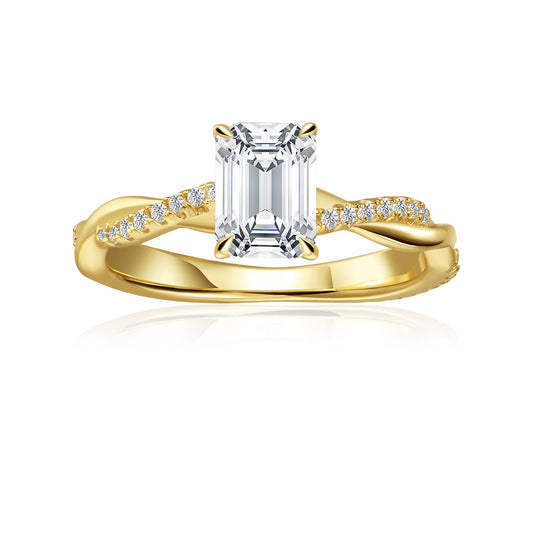 Spiral Emerald Cut Moissanite Engagement Ring Set in 9ct Yellow Gold