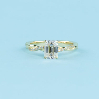 Spiral Emerald Cut Moissanite Engagement Ring Set in 9ct Yellow Gold