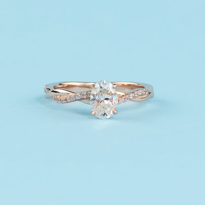 Spiral Oval Cut Moissanite Engagement Ring Set in 9ct Rose Gold