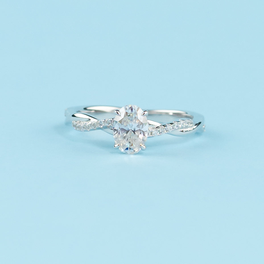 Spiral Oval Cut Moissanite Engagement Ring Set in 9ct White Gold