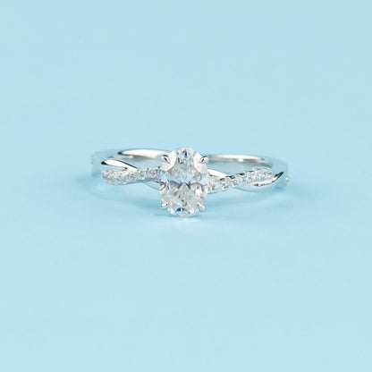 Spiral Oval Cut Moissanite Engagement Ring Set in 9ct White Gold