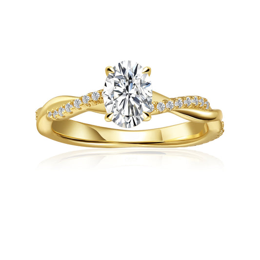Spiral Oval Cut Moissanite Engagement Ring Set in 9ct Yellow Gold