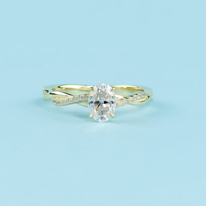Spiral Oval Cut Moissanite Engagement Ring Set in 9ct Yellow Gold