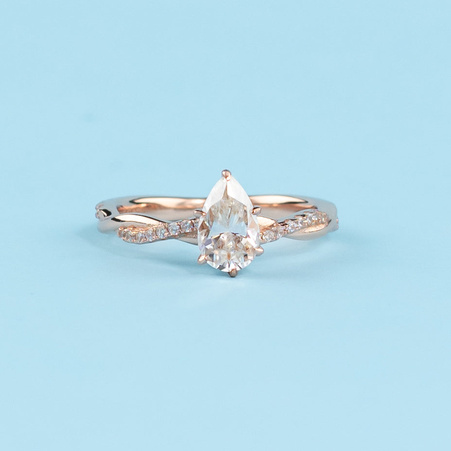 Spiral Pear Shape Moissanite Engagement Ring Set in 9ct Rose Gold