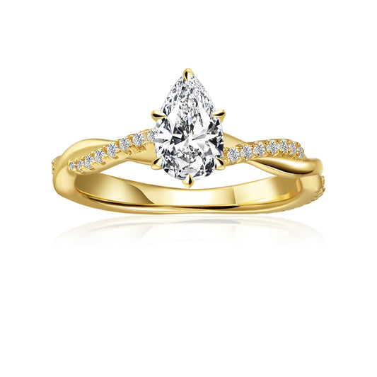 Spiral Pear Shape Moissanite Engagement Ring Set in 9ct Yellow Gold
