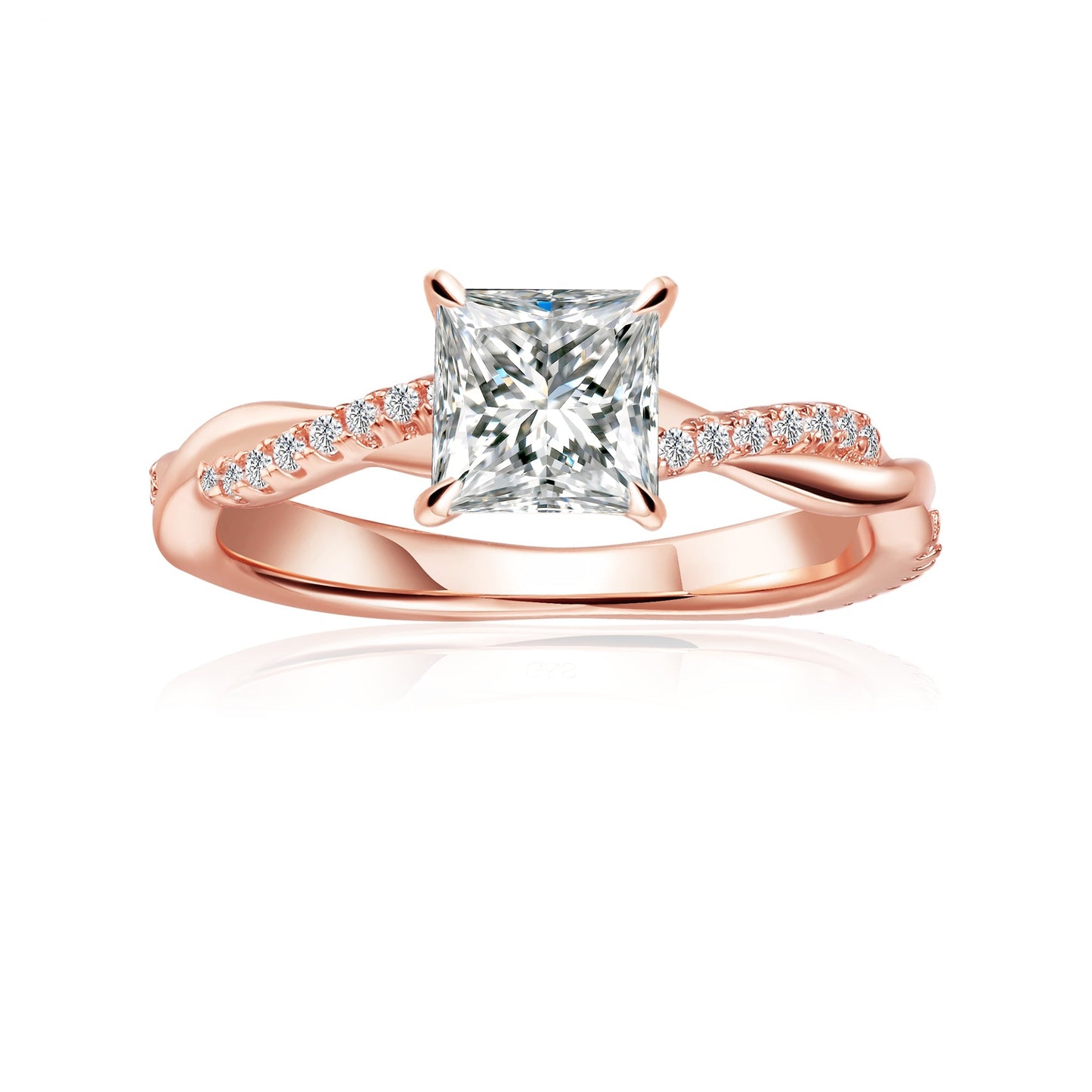 Spiral Princess Cut Moissanite Engagement Ring Set in 9ct Rose Gold