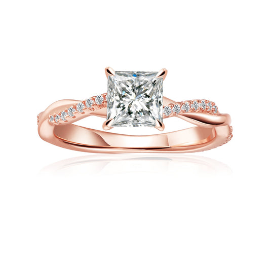 Spiral Princess Cut Moissanite Engagement Ring Set in 9ct Rose Gold