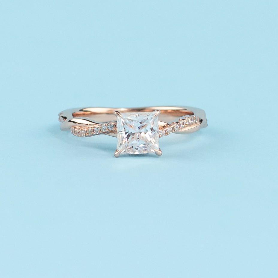 Spiral Princess Cut Moissanite Engagement Ring Set in 9ct Rose Gold