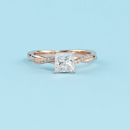 Spiral Princess Cut Moissanite Engagement Ring Set in 9ct Rose Gold