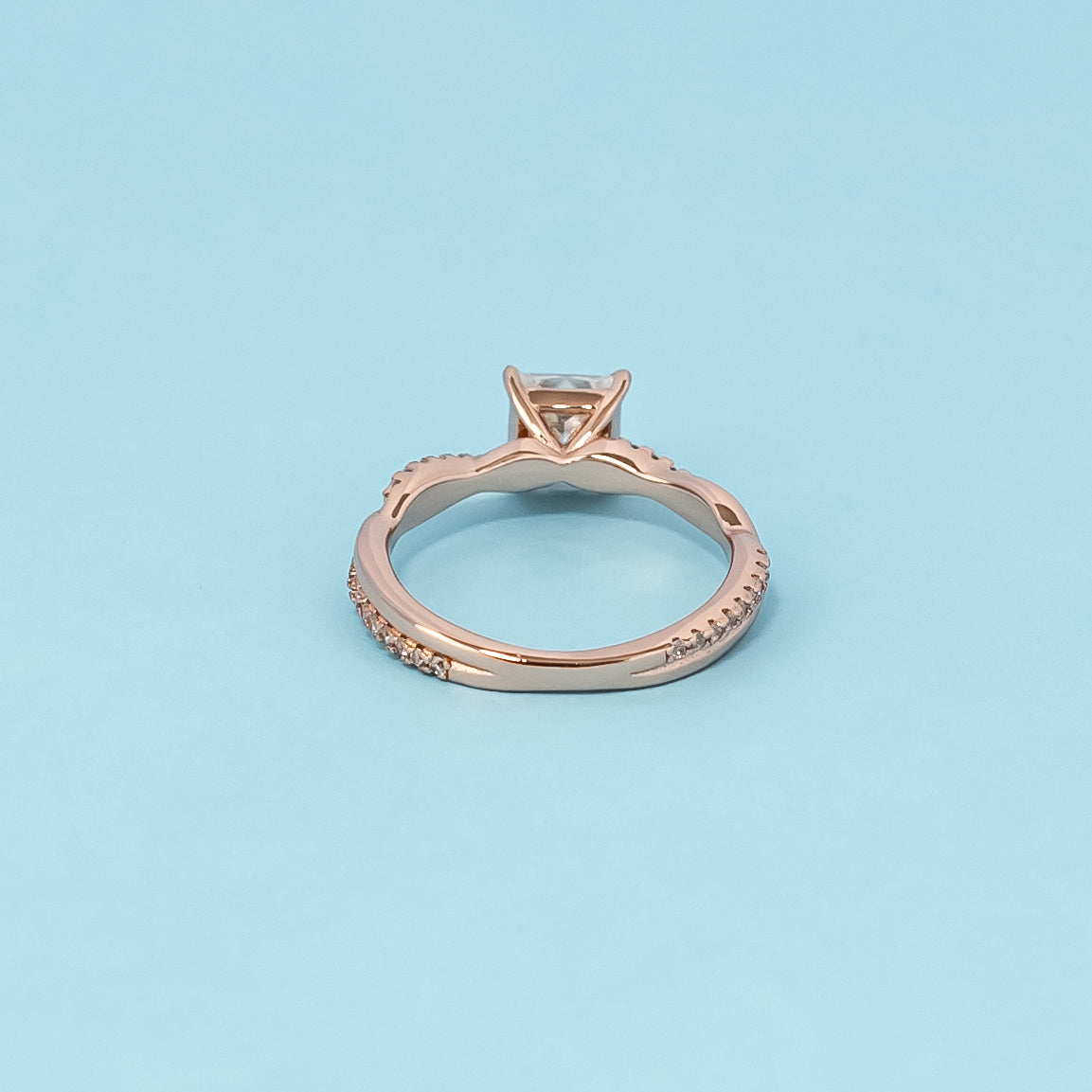 Spiral Princess Cut Moissanite Engagement Ring Set in 9ct Rose Gold