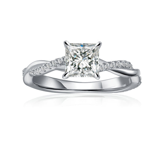 Spiral Princess Cut Moissanite Engagement Ring Set in 9ct White Gold