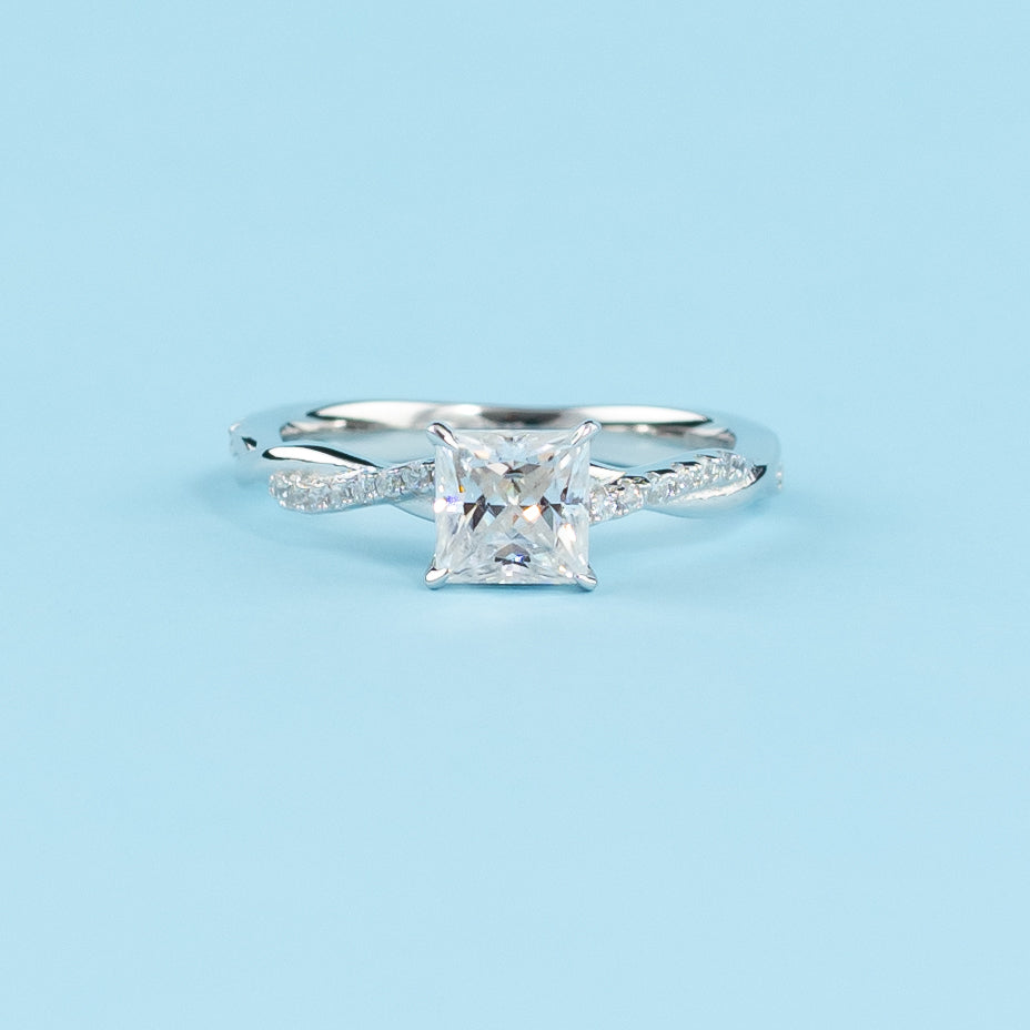 Spiral Princess Cut Moissanite Engagement Ring Set in 9ct White Gold