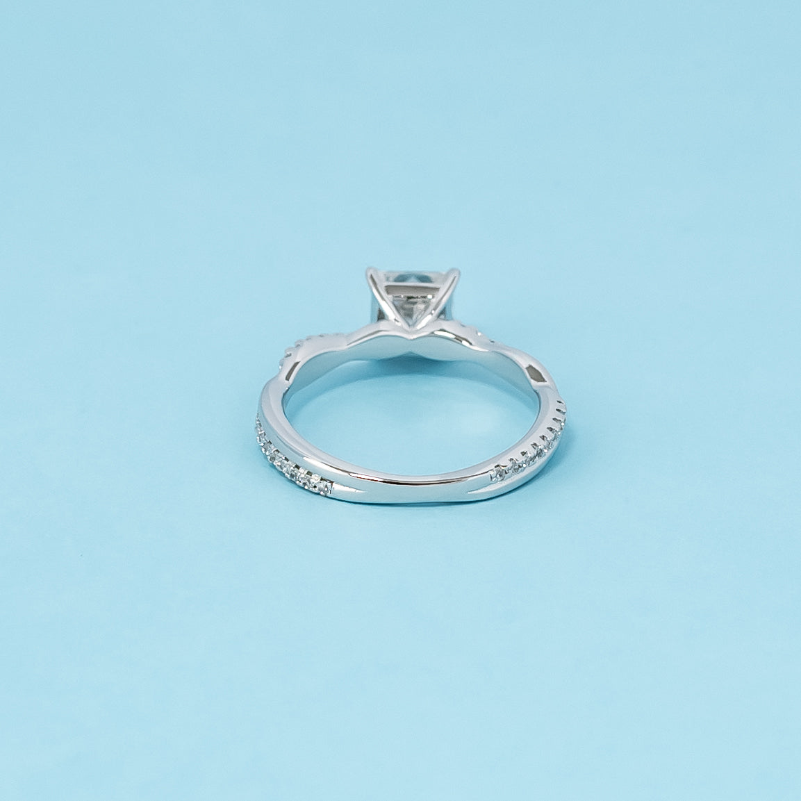 Spiral Princess Cut Moissanite Engagement Ring Set in 9ct White Gold
