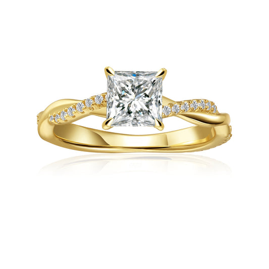 Spiral Princess Cut Moissanite Engagement Ring Set in 9ct Yellow Gold