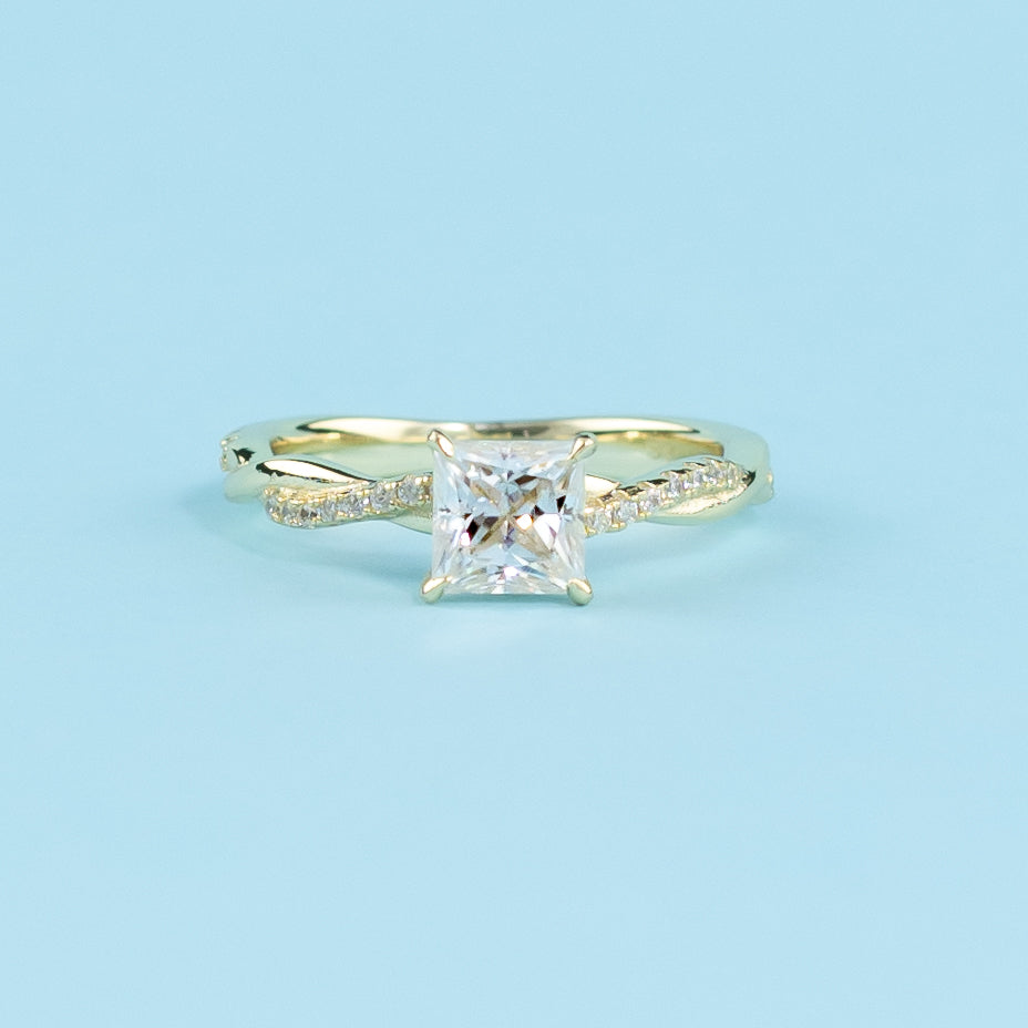 Spiral Princess Cut Moissanite Engagement Ring Set in 9ct Yellow Gold