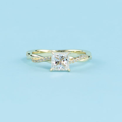 Spiral Princess Cut Moissanite Engagement Ring Set in 9ct Yellow Gold
