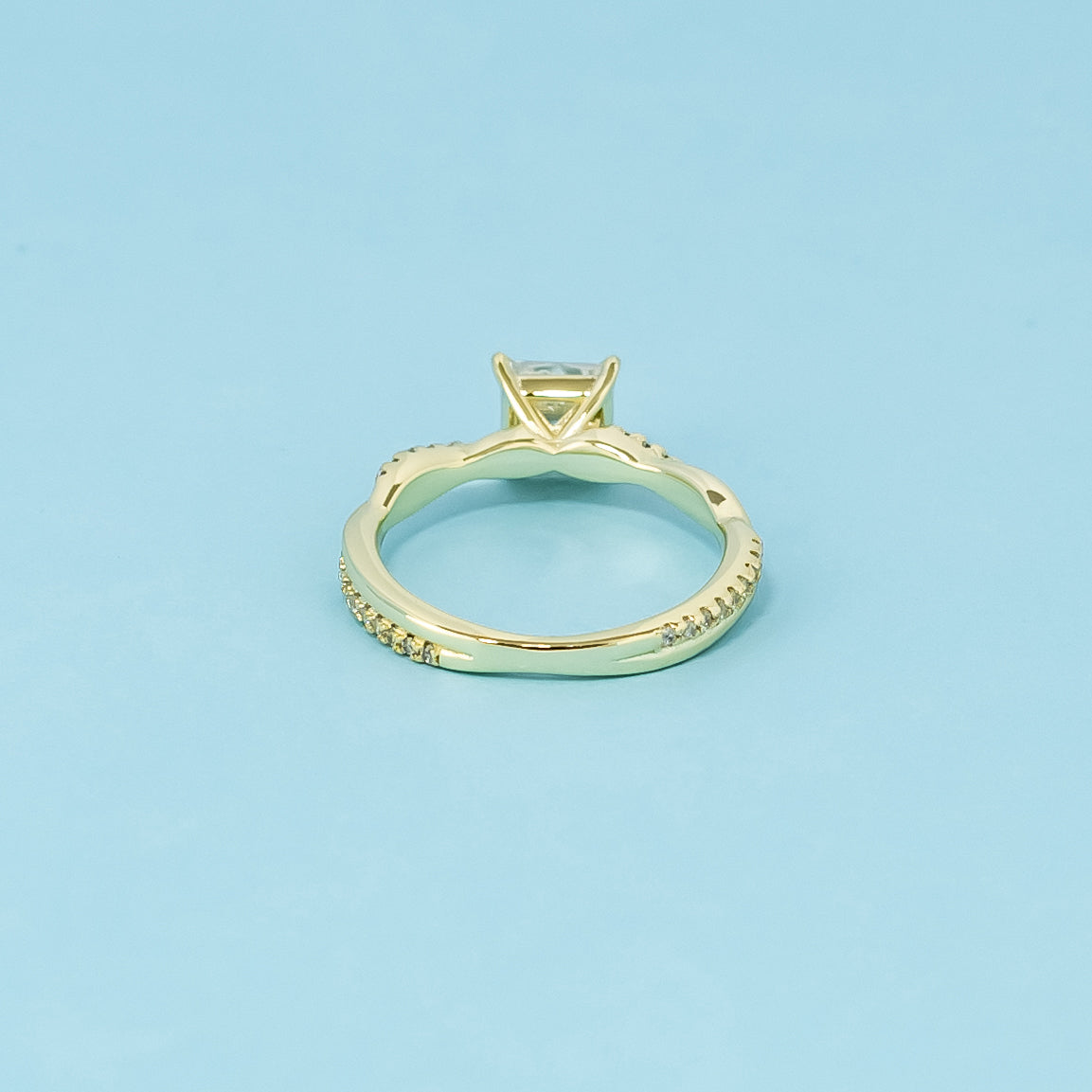 Spiral Princess Cut Moissanite Engagement Ring Set in 9ct Yellow Gold