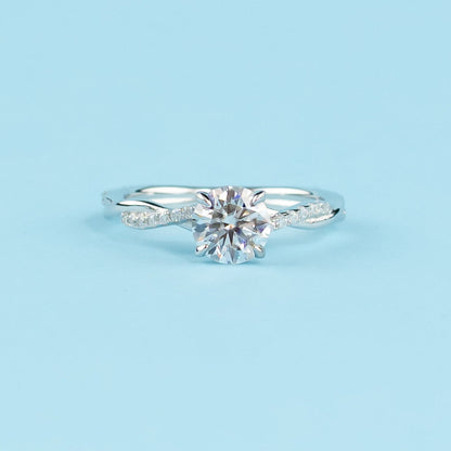 Spiral Round Brilliant Moissanite Engagement Ring Set in 9ct White Gold