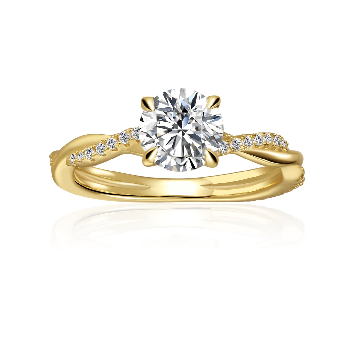 Spiral Round Brilliant Moissanite Engagement Ring Set in 9ct Yellow Gold