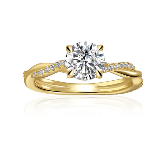 Spiral Round Brilliant Moissanite Engagement Ring Set in 9ct Yellow Gold