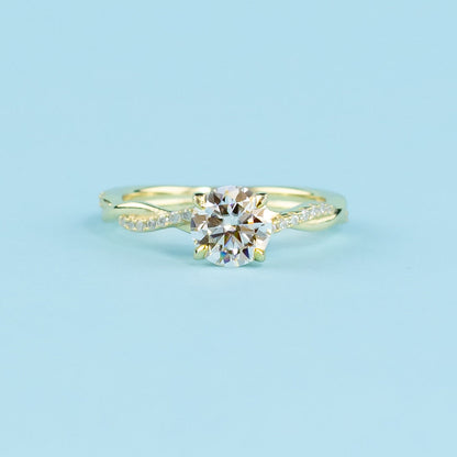 Spiral Round Brilliant Moissanite Engagement Ring Set in 9ct Yellow Gold