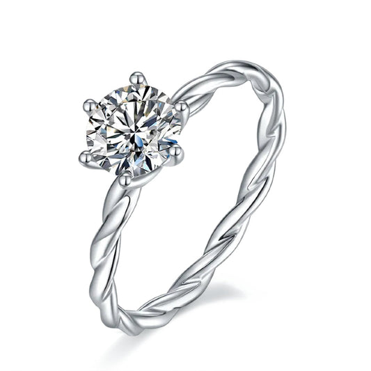 Spiral Shank Solitaire 1.00ct Moissanite Engagement Ring Set in Sterling Silver